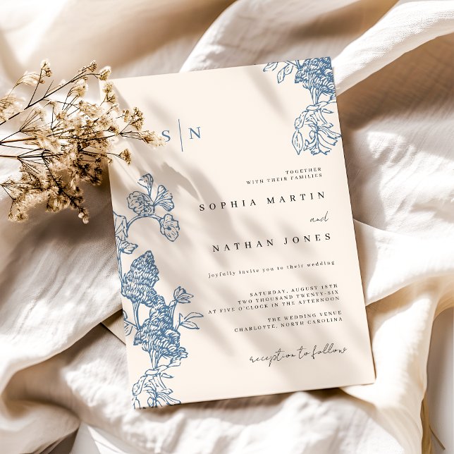Convite Casamento de renda floral azul elegante marfim (Criador carregado)