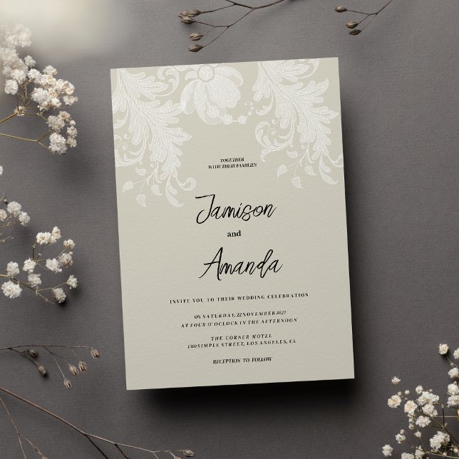 Convite Casamento de renda floral branca e neutra rusta (Rustic earthy neutral white floral lace Wedding )