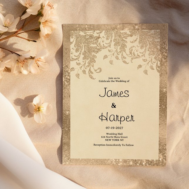 Convite Casamento de renda floral dourada de luxo em marfi (Luxury ivory gold glitter lace floral Wedding )