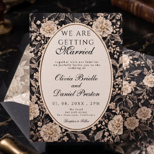 Convite Casamento de renda floral preta e creme elegante c