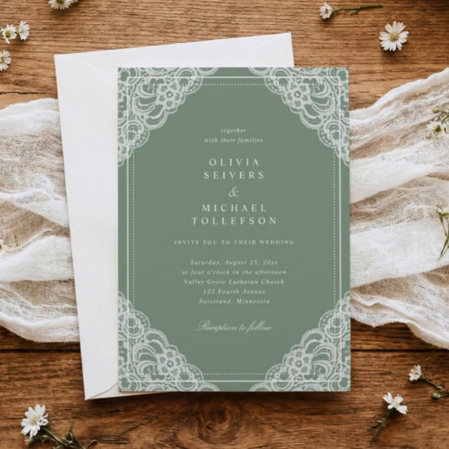 Convite Casamento de Renda Francesa em Sage Clássico e Ele (Vintage lace wedding invitation in sage green with white lace corners and classic typography)