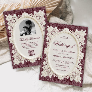 Convite Casamento de Renda Marfim Borgonha Old Money
