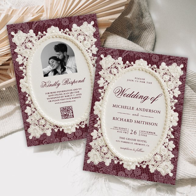Convite Casamento de Renda Marfim Borgonha Old Money (Criador carregado)