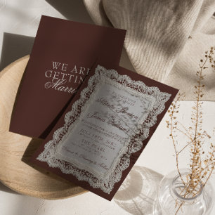 Convite Casamento de Renda Marrom Chocolate Clássico com D