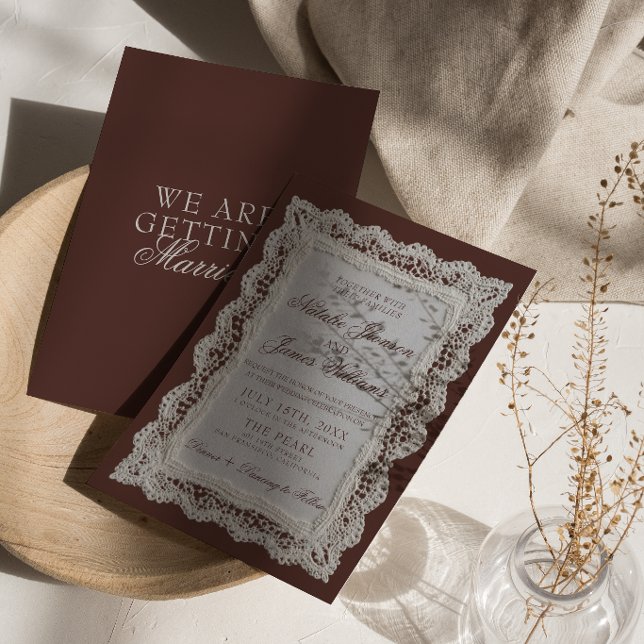 Convite Casamento de Renda Marrom Chocolate Clássico com D (Criador carregado)