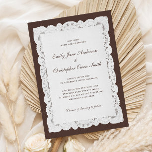 Convite Casamento de Renda Marrom Escuro Clássico Elegante