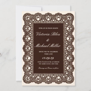 Convite Casamento de Renda Marrom Escuro Vitoriano Vintage