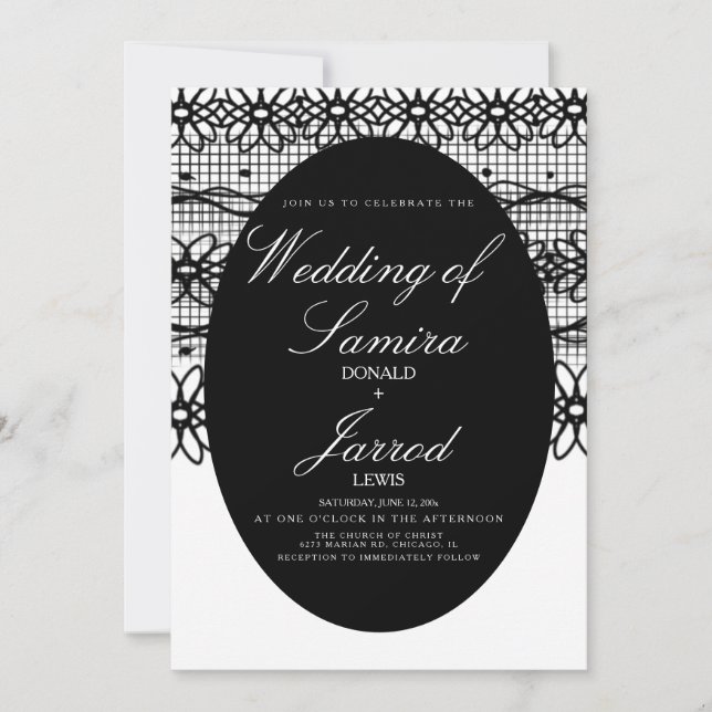 Convite Casamento de Renda Preta + Branca Desenhada à Mão  (Frente)