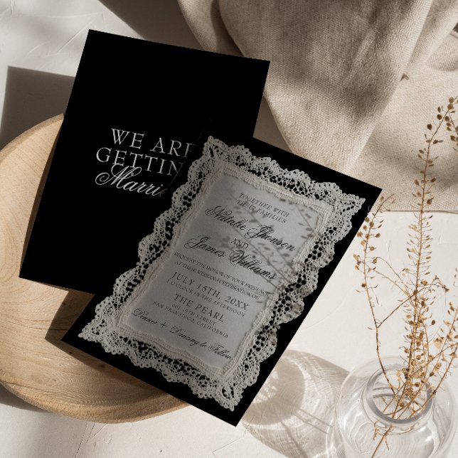 Convite Casamento de renda preta e branca com estilo cláss (Criador carregado)