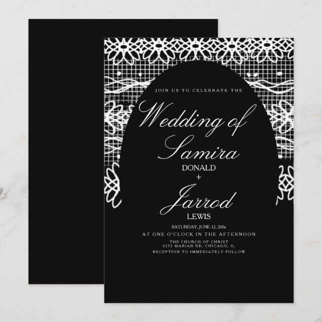 Convite Casamento de renda preta e branca desenhada à mão  (Frente/Verso)