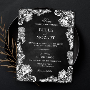 Convite Casamento de renda preta e branca vintage