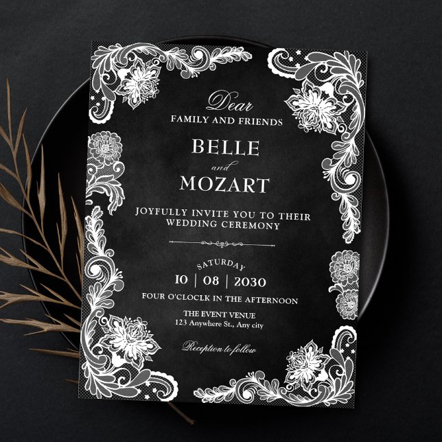 Convite Casamento de renda preta e branca vintage (Criador carregado)