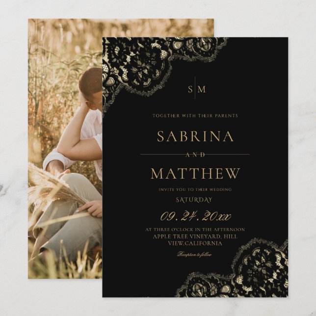 Convite Casamento de renda preta moderno e elegante  (Frente/Verso)