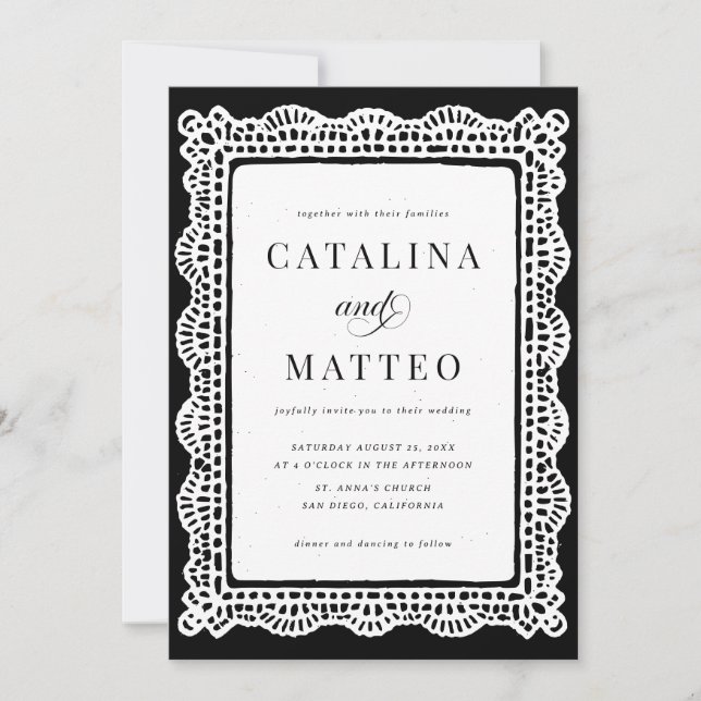 Convite Casamento de Renda Preto e Branco Elegante (Frente)