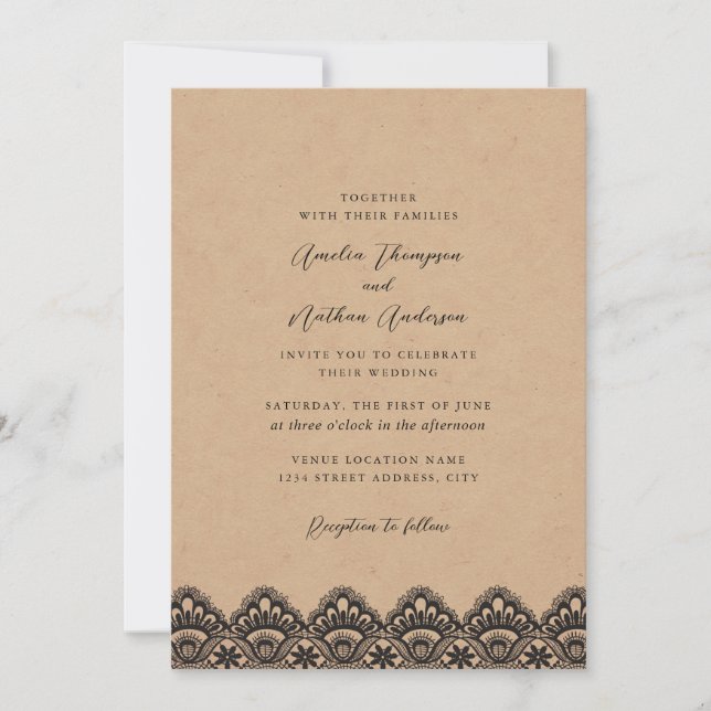 Convite Casamento de Renda Vintage Kraft Rústico (Frente)