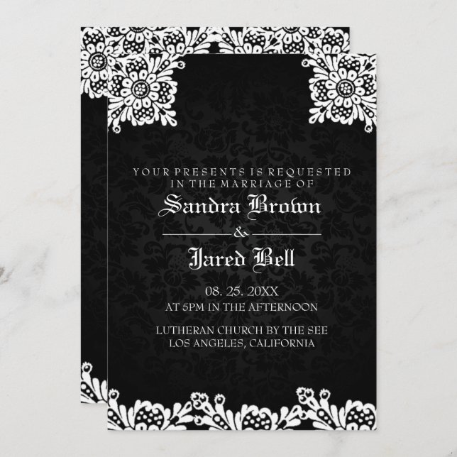 Convite Casamento de rendas brancas Black Damask (Frente/Verso)
