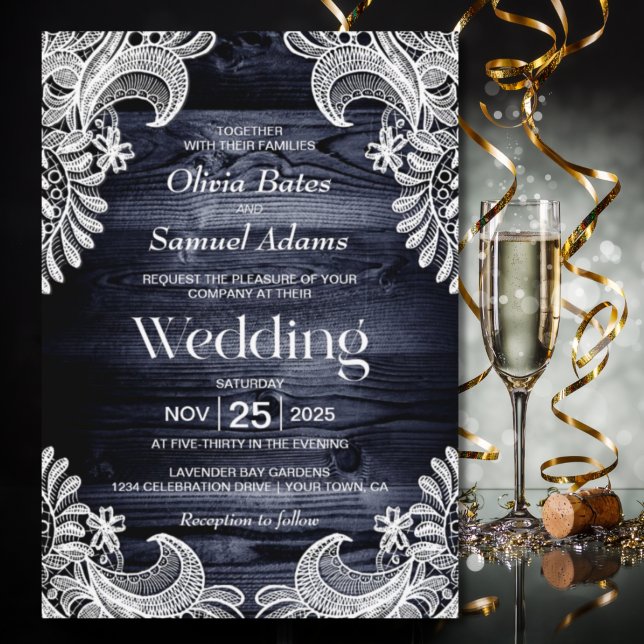 Convite Casamento de rendas brancas da madeira azul rustic (Criador carregado)