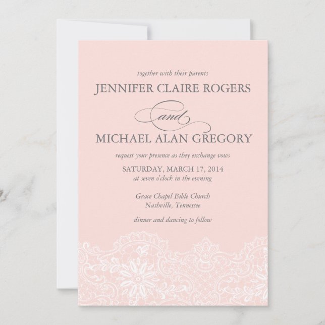 Convite Casamento de rendas da vindima rosa-pincel elegant (Frente)