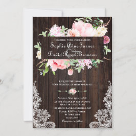 Convite Casamento de rendas de madeira de Primavera rosa r