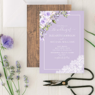 Convite Casamento de rendas de madeira rustica com Lavanda
