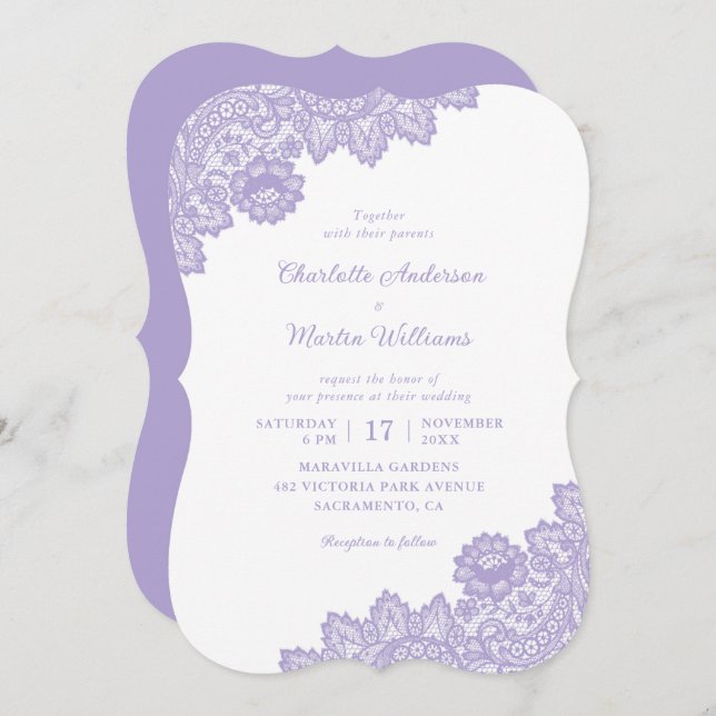 Convite Casamento de rendas florais de Lavanda elegante (Frente/Verso)