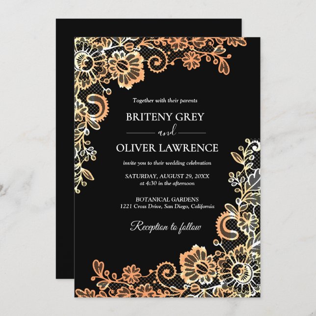 Convite Casamento de rendas lacrimogêneas negro e Rosa Dou (Frente/Verso)