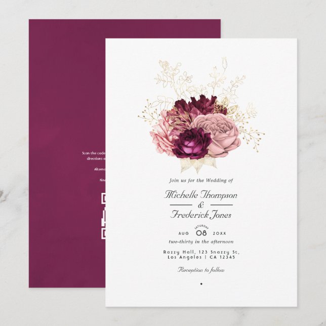 Convite Casamento de Resposta de Código QR Rosa e Dourado  (Frente/Verso)