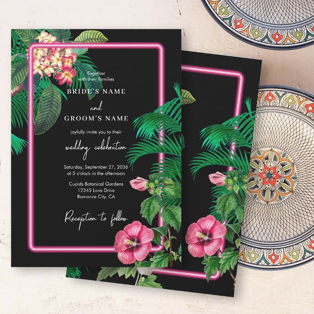 Convite Casamento de Retros Tropicais Neon Pink (Neon Pink Tropical Retro Botanicals Wedding Invitation)