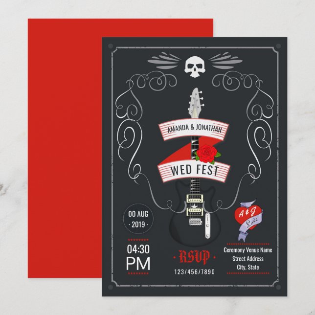 Convite Casamento de Rock and Roll quadro-negro (Frente/Verso)