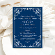 Casamento de Rolo Ornate Azul Marinho e Branco