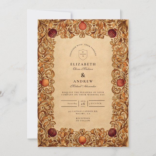 Convite Casamento de Romã com Folhagem de Outono (Frente)