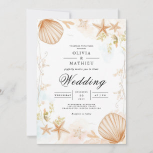 Convite Casamento de Romance Botânico de Seashell Costeiro