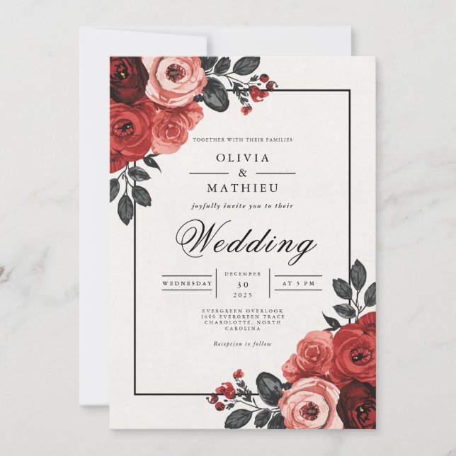 Convite Casamento de Romance com Arca Floral Vermelha Prof (Frente)