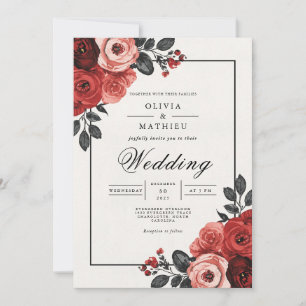 Convite Casamento de Romance com Arca Floral Vermelha Prof