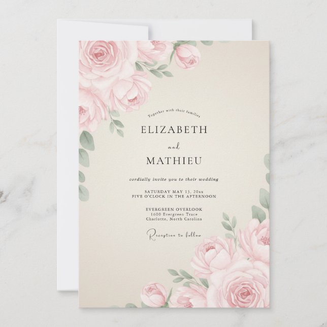 Convite Casamento de Romance Etéreo Rosa Desbotado (Frente)