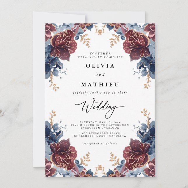 Convite Casamento de Romance Floral Azul Crimson (Frente)