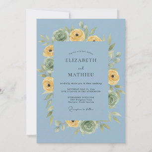 Convite Casamento de Romance Floral Azul Desbotado