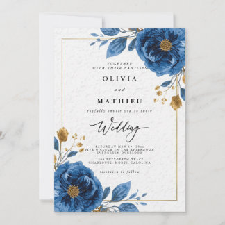 Convite Casamento de Romance Floral Azul Profundo