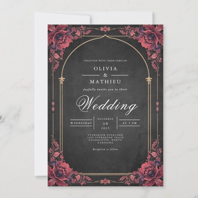 Convite Casamento de Romance Floral com Arch Crimson (Frente)