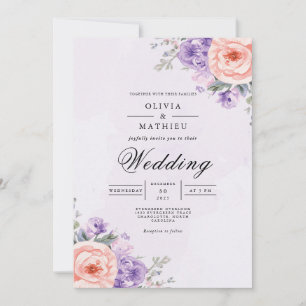 Convite Casamento de Romance Floral de Coral de Lavanda Su