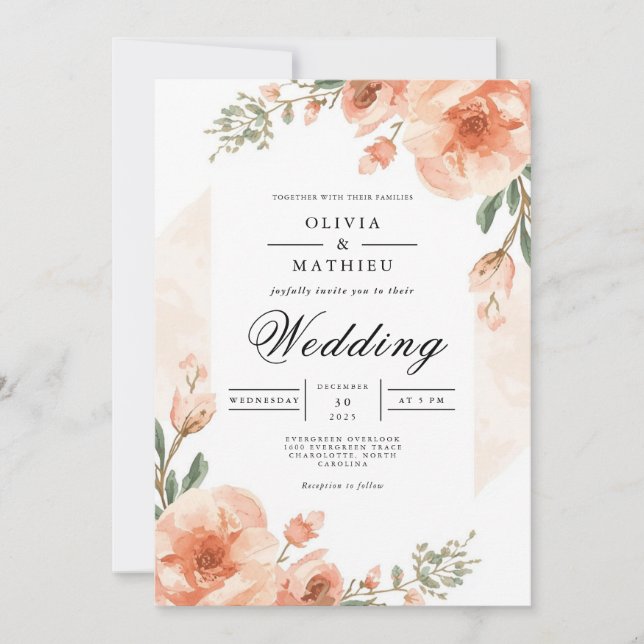 Convite Casamento de Romance Floral de Pêssego Suave (Frente)