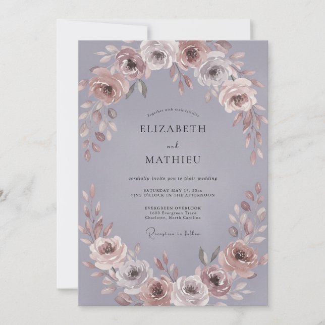 Convite Casamento de Romance Floral em Flor Mauve (Frente)