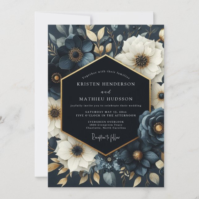 Convite Casamento de Romance Floral Marinho (Frente)
