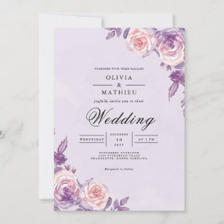 Convite Casamento de Romance Floral Púrpura Suave