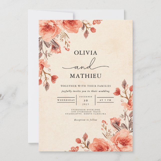 Convite Casamento de Romance Floral Suave Apricot (Frente)
