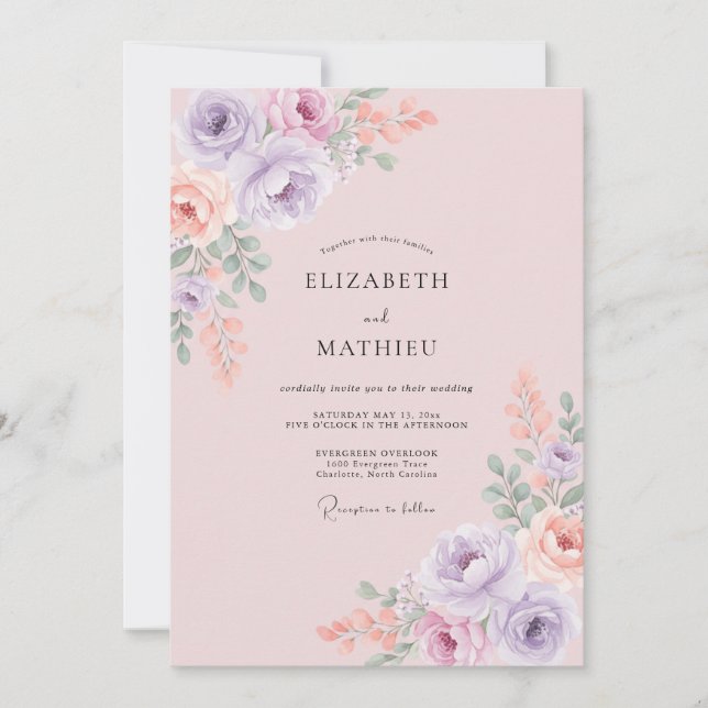 Convite Casamento de Romance Floral Suave Lilás (Frente)