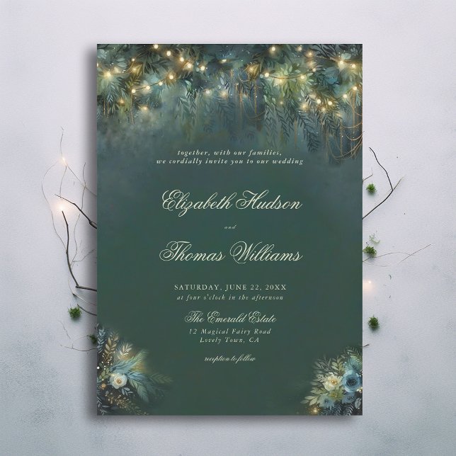 Convite Casamento de Romance Florestal Florestal Encantado (enchanted forest woodland wedding invitation emerald hunter green gold magical bespoke calligraphy)