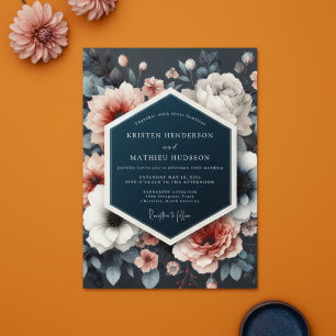 Convite Casamento de Romance Opulento com Floral Navy