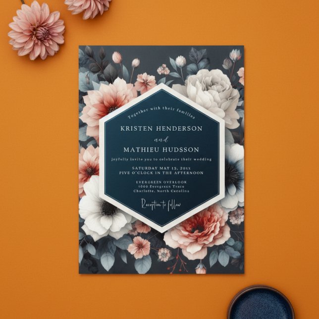 Convite Casamento de Romance Opulento com Floral Navy (Criador carregado)