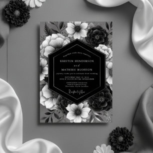 Convite Casamento de Romance Opulento com Floral Preto